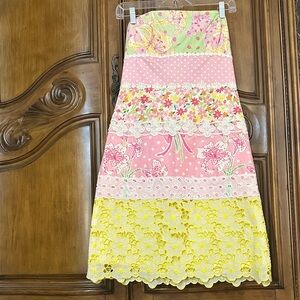 Lilly Pulitzer Y2K2000 Strapless Eyelet Lace Polka Dots Pink Yellow Floral Dress